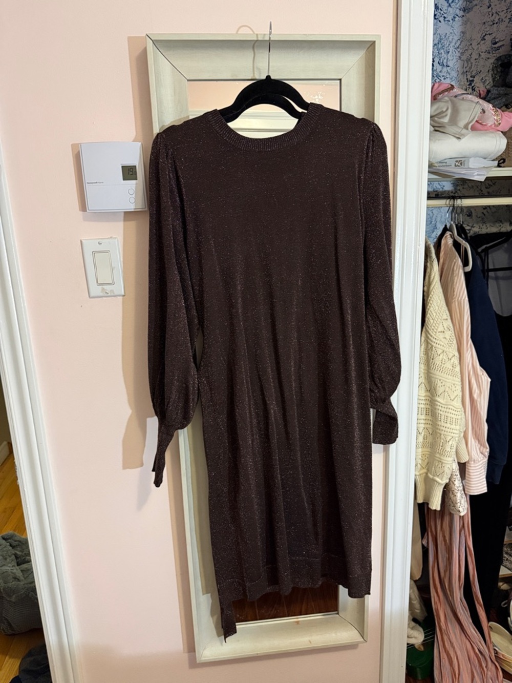 Long Sleeve Metallic Knit Dress in Dark Brown